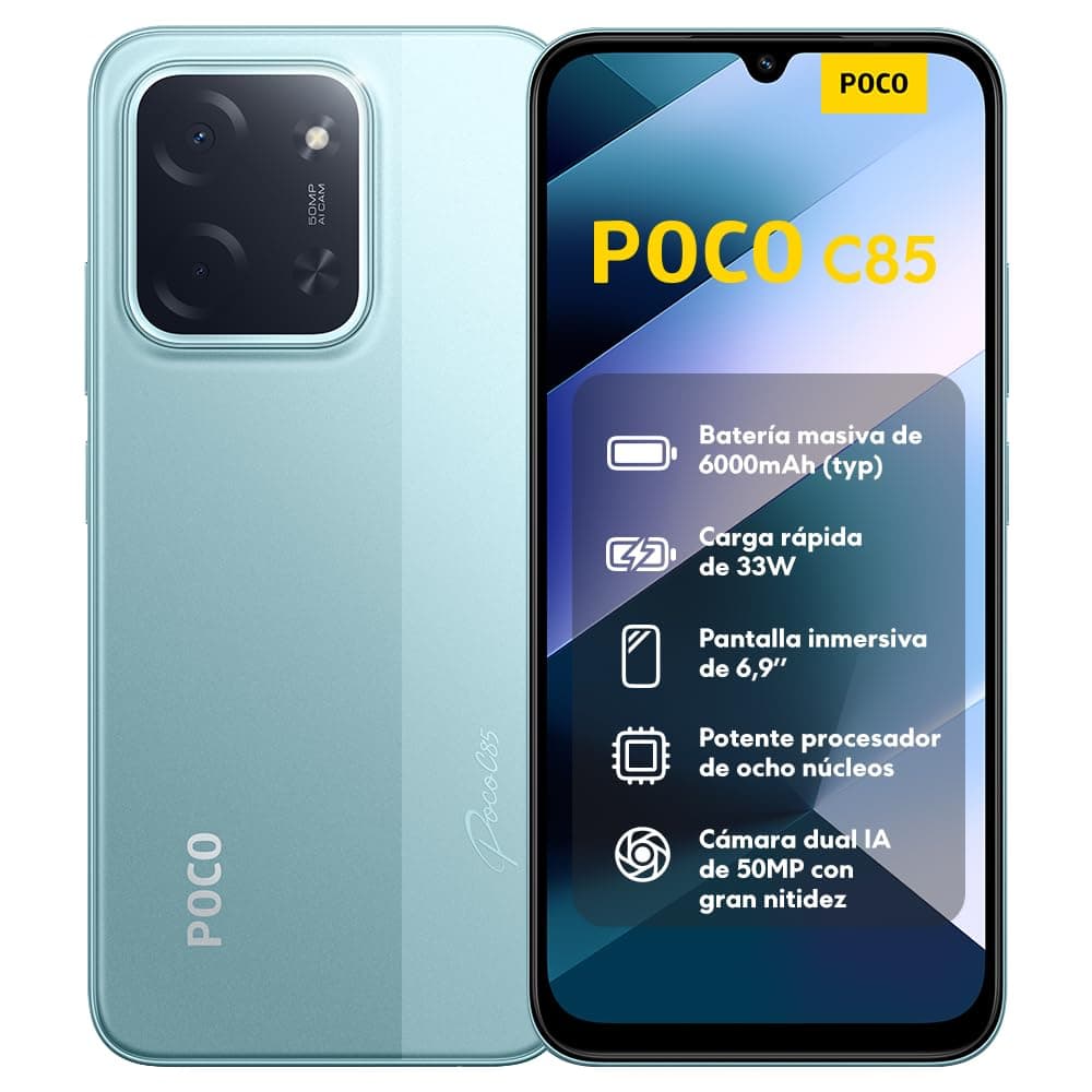 XIAOMI POCO C85 - Smartphone de 6+128GB, Cámara Dual de 50MP con AI, Pantalla inmersiva de 6,9”, Potente procesador Octa-Core, Carga rápida de 33W, 6000mAh, Cargador no Incluido, Verde (Versión ES)