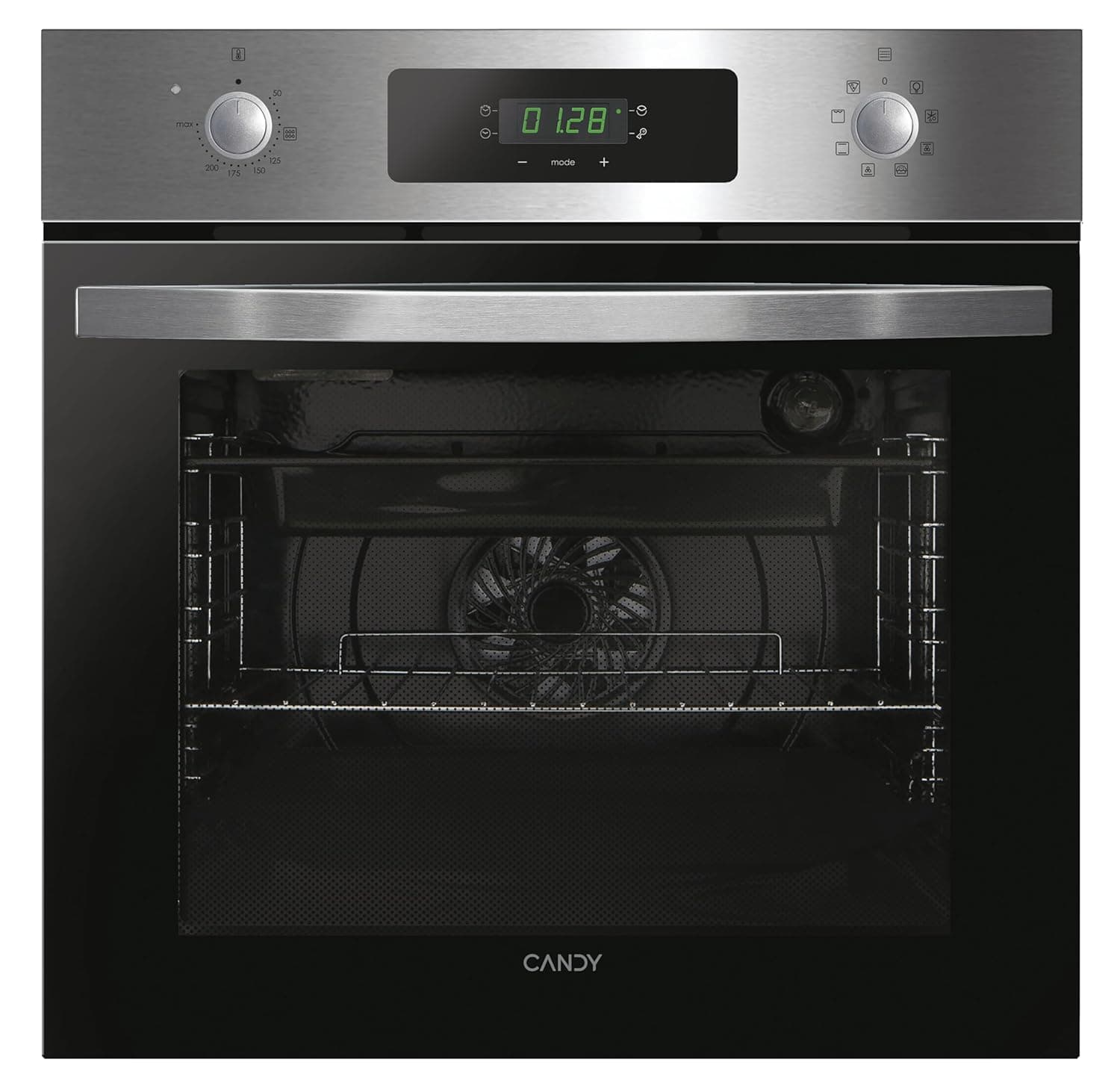 Candy FIDCP X625 L, Horno Multifunción, 70L, Bandeja y Rejilla, Limpieza Aquactiva, Convección + Ventilador radial, 8 Funciones, Display Timer Touch, Mandos Push&Pull, Puerta 2 Cristales, Inox y Negro